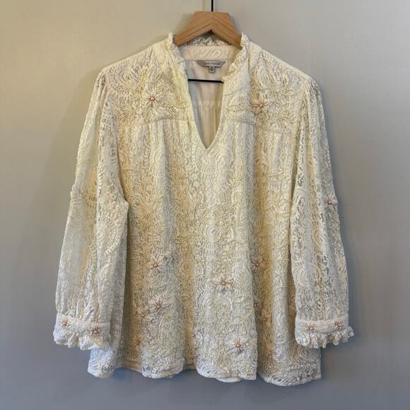 John Mark Lace Pearl Beaded Embroidered Ruffle Collar Top XLarge Cream Coastal - Picture 1 of 9